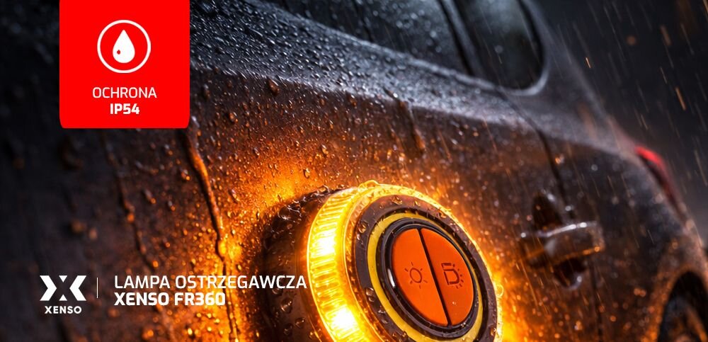XENSO FR360 Klasa szczelności IP54 ochronę przed wnikaniem pyłu odporność na zachlapania wodą opadów deszczu lub w warunkach podwyższonej wilgotności 90 x 90 x 40 mm - lampa używana w deszczu, przyczepiona do karoserii auta