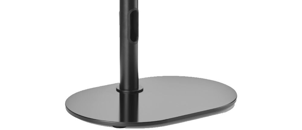 Uchwyt do monitora ONE FOR ALL DM2170 13-32 cali Czarny zbliżenie na podstawkę na białym tle wolnostojąca podstawka, elastyczna konstrukcja, niezależny montaż, brak wiercenia, bez zacisków, szklane blaty, biurka z wnęką