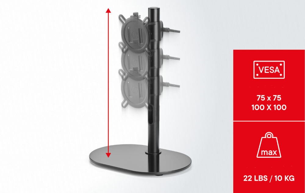 Uchwyt do monitora ONE FOR ALL DM2170 13-32 cali Czarny pokazanie możliwej regulacji wysokości na czerwonym prostokącie napisane VESA i max waga VESA 100 x 100, 75 x 75, montaż 13-32 cale, udźwig 10 kg