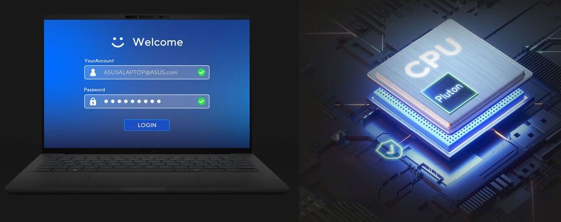 Obraz przedstawia laptop z ekranem logowania, na którym widnieje tekst \'Welcome\', \'YourAccount ASUSLAPTOP@ASUS.com\', \'Password\' oraz przycisk \'LOGIN\'. Obok znajduje się grafika przedstawiająca procesor z napisem \'CPU Pluton\'.