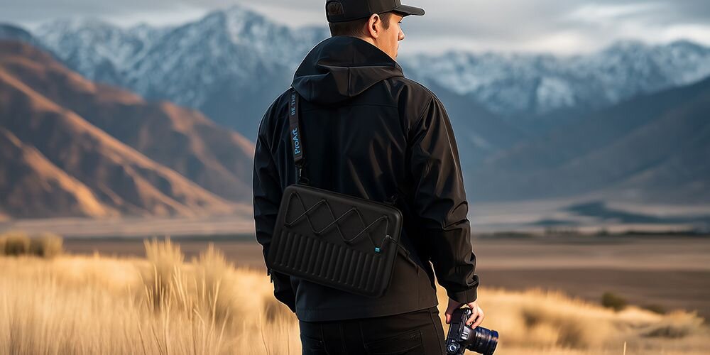Osoba w ciemnej kurtce i czapce stoi na tle górskiego krajobrazu, trzymając aparat fotograficzny. Na ramieniu ma zawieszoną czarną torbę z widocznym logo \'ROKA\'.