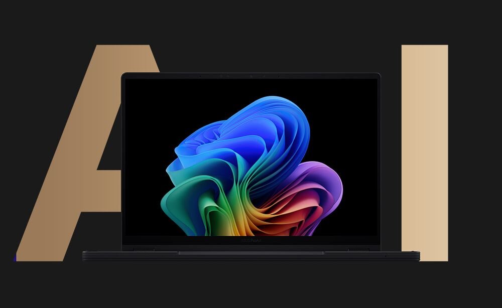 Na obrazie widoczny jest laptop z wyświetlaczem OLED, na którym prezentowana jest kolorowa grafika. W tle znajduje się duży napis \'AI\'.