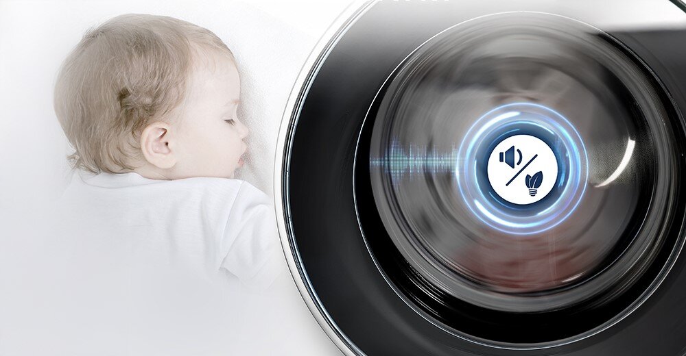 PRALKA HISENSE WF3M841BWI zdjęcie poglądowe wizualizacja dziecko grafika głośnik ikona drzwiczki pralki Silnik inwerterowy mniej wibracji cicha praca 72 dB trwała niezawodna mniejsze zużycie energii