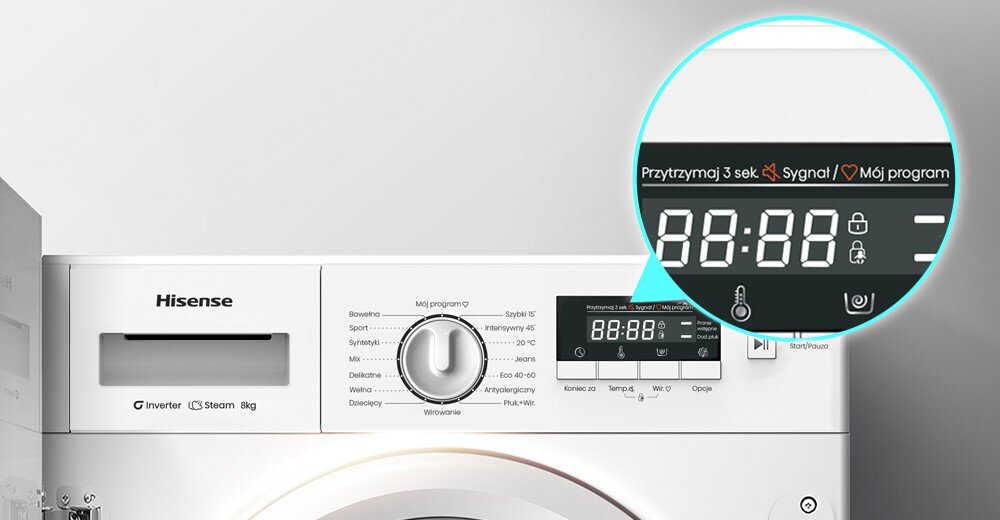 PRALKA HISENSE WF3M841BWI zdjęcie poglądowe wizualizacja panel zbliżenie programy funkcja mój Program ulubione wygoda oszczędność czasu zapisanie ustawień