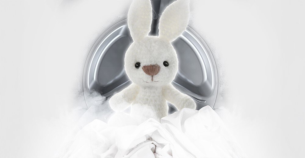 PRALKA HISENSE WF3M841BWI zdjęcie poglądowe wizualizacja miś maskotka dziecięca biały pluszak królik jasne pranie Dla delikatnej skóry dziecka wysoka temperatura dezynfekcja obróbka parowa 90°C