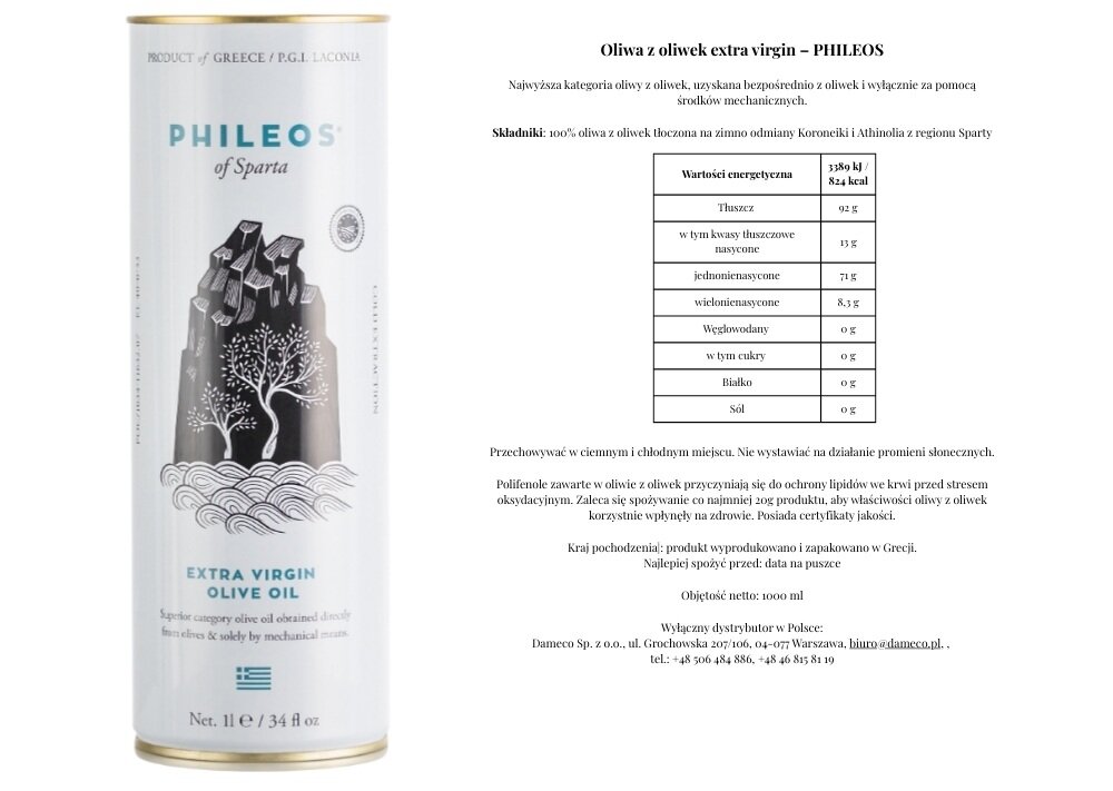 Oliwa z oliwek PHILEOS Phileos of Sparta Extra Virgin 1000 ml połączenie dwóch odmian, do wielu potraw, bez różnych tłuszczy