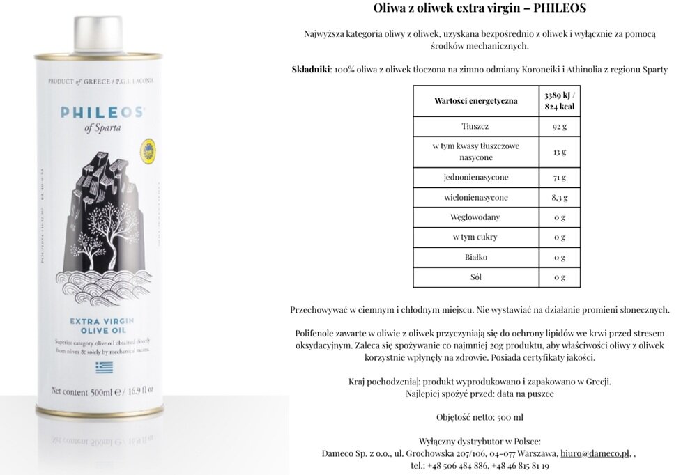 Oliwa z oliwek PHILEOS Phileos of Sparta Extra Virgin 500 ml
