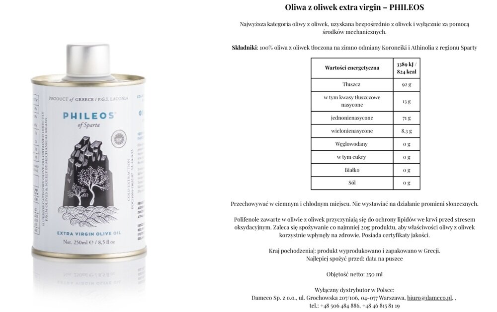Oliwa z oliwek PHILEOS Phileos of Sparta Extra Virgin 250 ml połączenie dwóch odmian, do wielu potraw, bez różnych tłuszczy