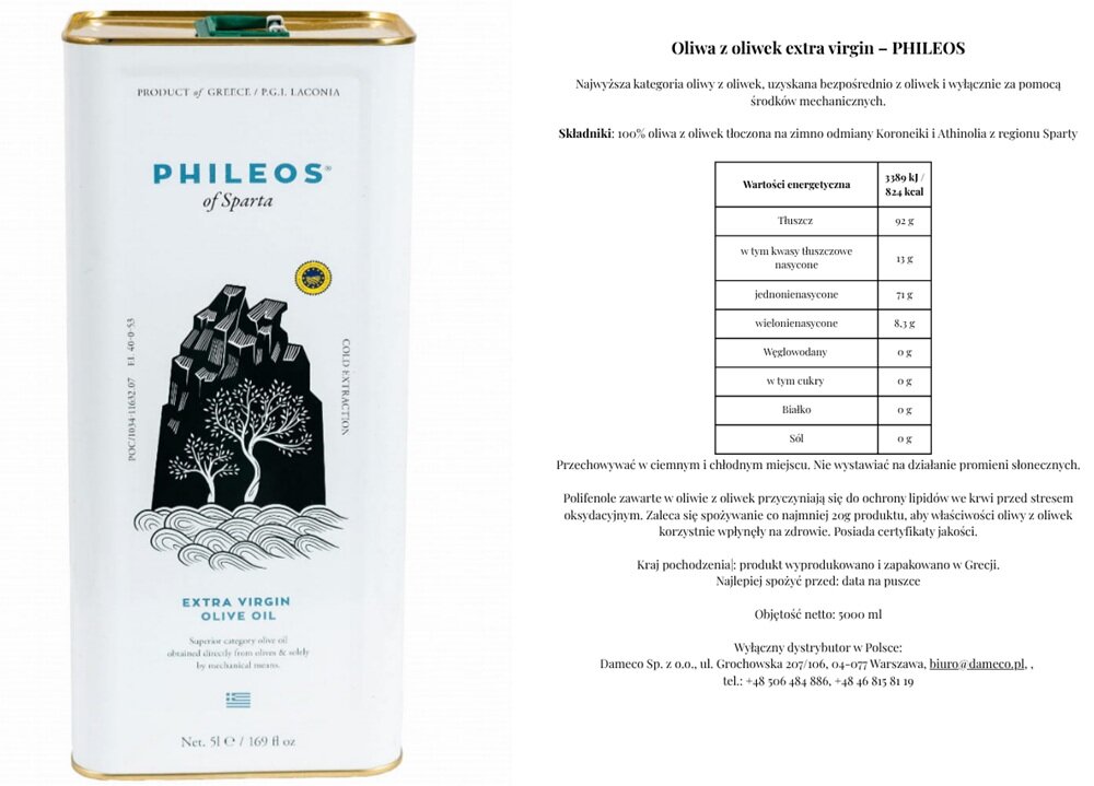 Oliwa z oliwek PHILEOS Phileos of Sparta Extra virgin 5 l