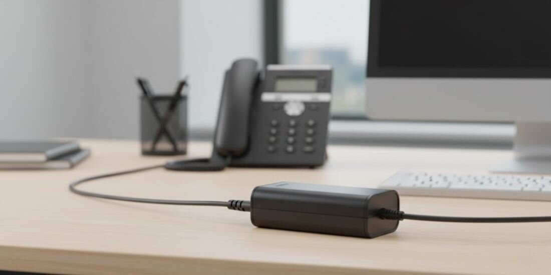 Na biurku znajduje się czarny zasilacz do laptopa z podłączonym kablem. W tle widoczny jest telefon stacjonarny i monitor komputera.