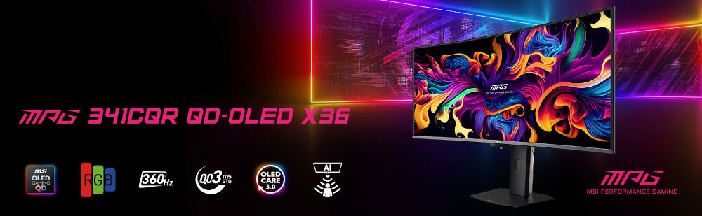 Monitor MSI MPG 341CQR 34 cale QD-OLED 3440x1440px 360Hz 0.03 ms [GTG] Curved prezentacja monitora w tle podświetlenia ikony technologii napis z modelem