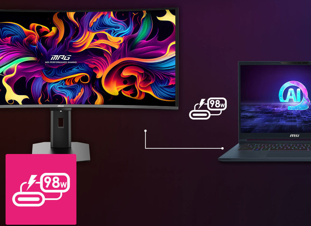 Monitor MSI MPG 341CQR 34 cale QD-OLED 3440x1440px 360Hz 0.03 ms [GTG] Curved prezentacja monitora podłączonego kablem do laptopa fioletowe tło ikona USB-C przesył sygnału wideo funkcja zasilania Power Delivery moc ograniczenie kabli na biurku ułatwienie organizacji