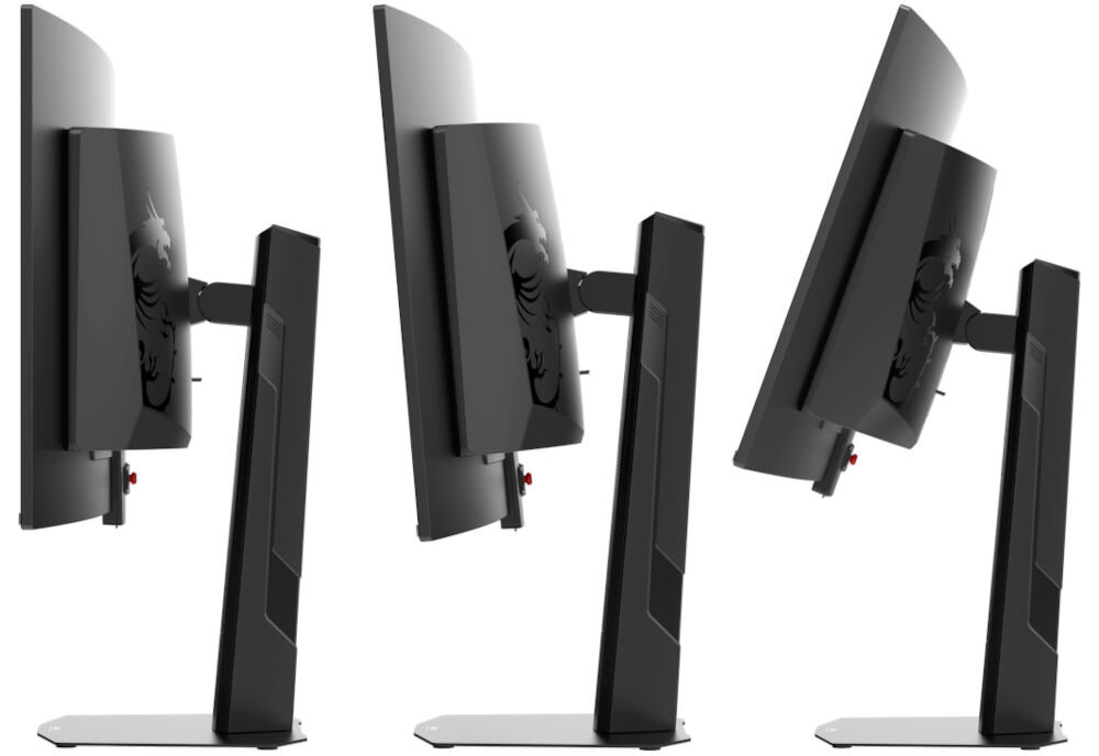 Monitor MSI MPG 341CQR 34 cale QD-OLED 3440x1440px 360Hz 0.03 ms [GTG] Curved pokazanie mozliwej regulacji monitora na białym tle szerokie możliwości dopasowania pozycji ekranu zachowanie komfortu regulacja kąt obrót Pivot Swivel Tilt