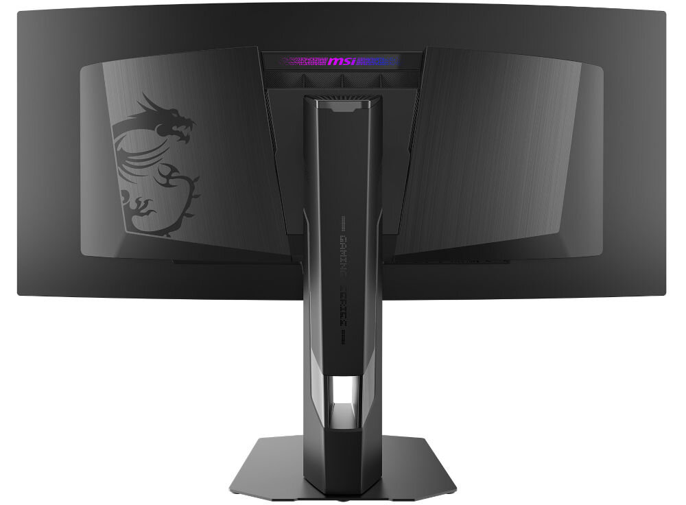 Monitor MSI MPG 341CQR 34 cale QD-OLED 3440x1440px 360Hz 0.03 ms [GTG] Curved prezentacja monitora od tyłu na białym tle VESA 100 mm łatwe stabilne przymocowanie oszczędność miejsca uchwyt biurkowy VESA zwiększa powierzchnię roboczą dopasowanie ustawienia ekranu organizacja pracy