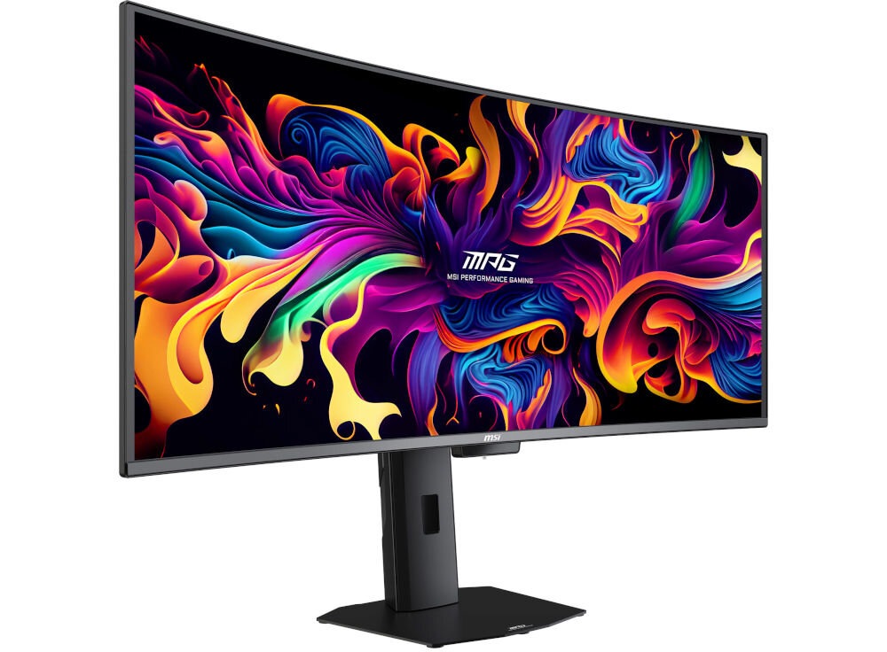 Monitor MSI MPG 341CQR 34 cale QD-OLED 3440x1440px 360Hz 0.03 ms [GTG] Curved prezentacja monitora na białym tle od przodu pod kątem gamingowy design wymiary stabilność podstawa stabilność