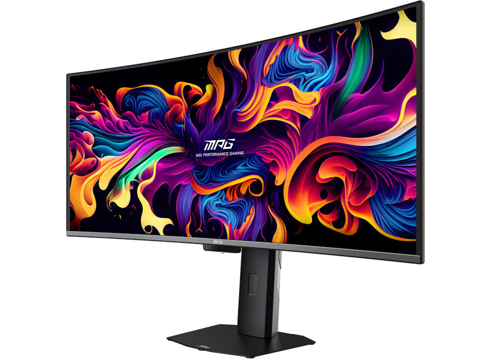 Monitor MSI MPG 341CQR 34 cale QD-OLED 3440x1440px 360Hz 0.03 ms [GTG] Curved prezentacja monitora na białym tle pod kątem od przodu rozmiar rozdzielczość odświeżanie czas reakcji twardość matrycy 3H odporność na zarysowania