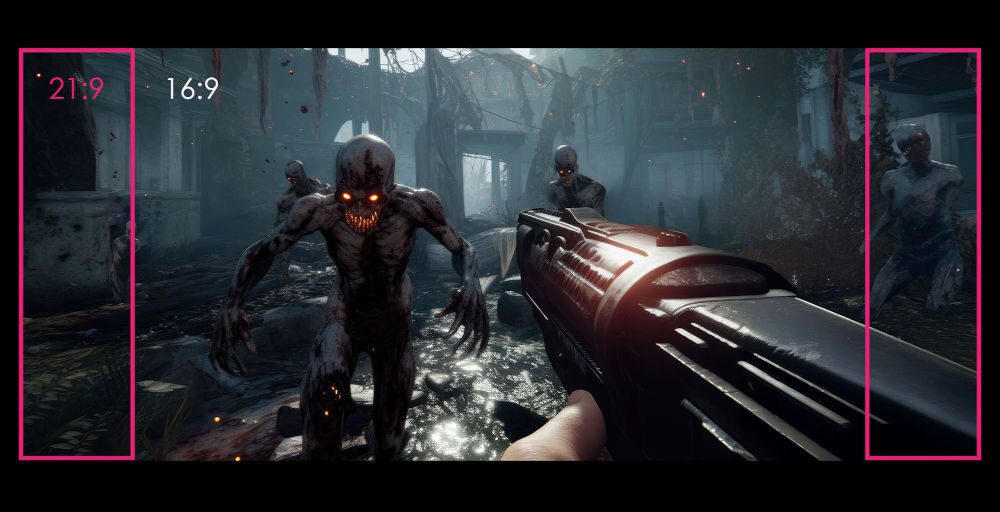 Monitor MSI MPG 341CQR 34 cale QD-OLED 3440x1440px 360Hz 0.03 ms [GTG] Curved urywek z gry pokazanie szerokości ekranu format szerokie pole widzenia ułatwia orientację w grze rozdzielczość