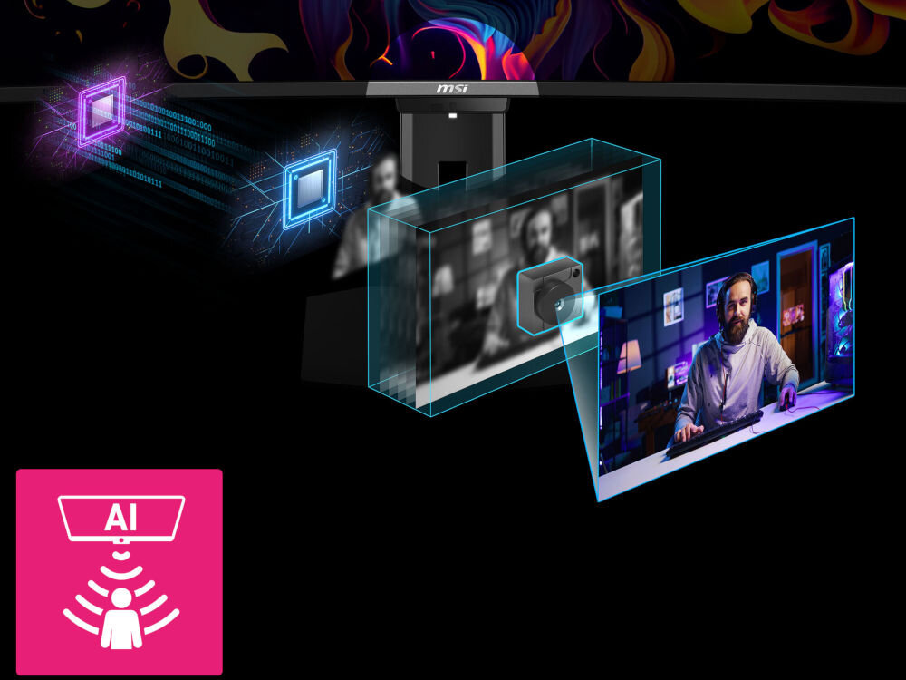 Monitor MSI MPG 341CQR 34 cale QD-OLED 3440x1440px 360Hz 0.03 ms [GTG] Curved wizualizacja działania technologii AI Care ikona ciemne tło przetwornik CMOS wykrywanie obecności człowieka mechanizmy ochrony wyświetlacza OLED