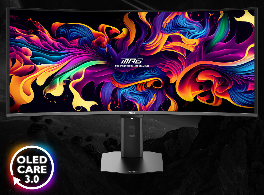 Monitor MSI MPG 341CQR 34 cale QD-OLED 3440x1440px 360Hz 0.03 ms [GTG] Curved prezentacja monitora na ciemnym tle ikona OLED Care 3.0 system ochrony matrycy wydłużony interwał dba o kondycję panelu OLED