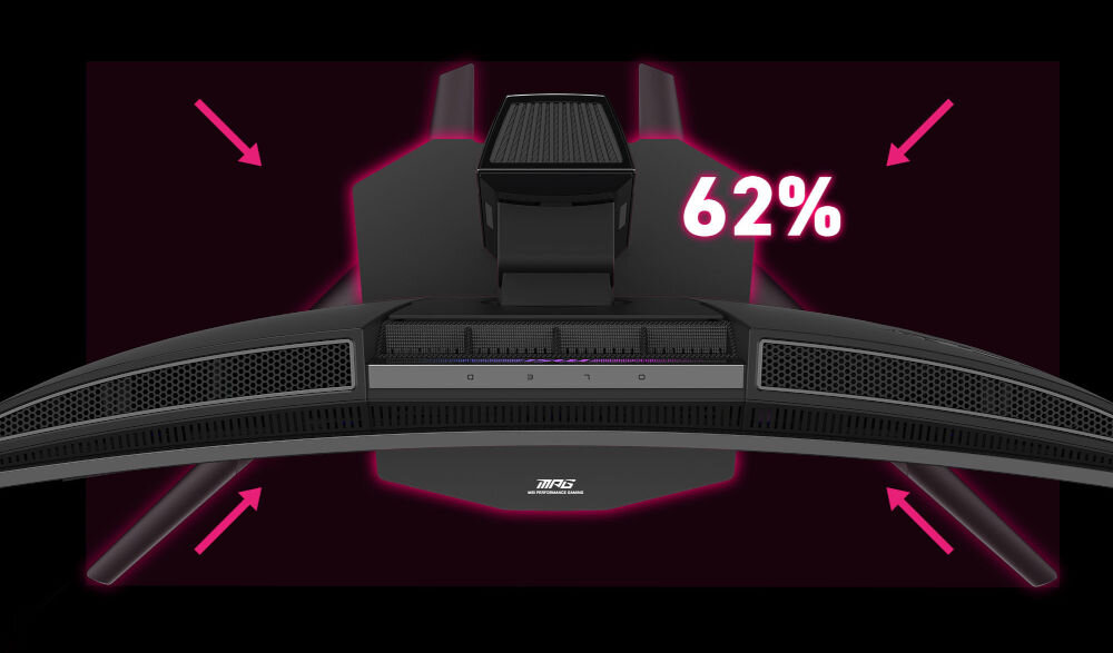 Monitor MSI MPG 341CQR 34 cale QD-OLED 3440x1440px 360Hz 0.03 ms [GTG] Curved grafika z monitorem przedstawionym od góry wizualizacja zmniejszenia podstawy zwiększenie dostępnej przestrzeni organizacja akcesoriów