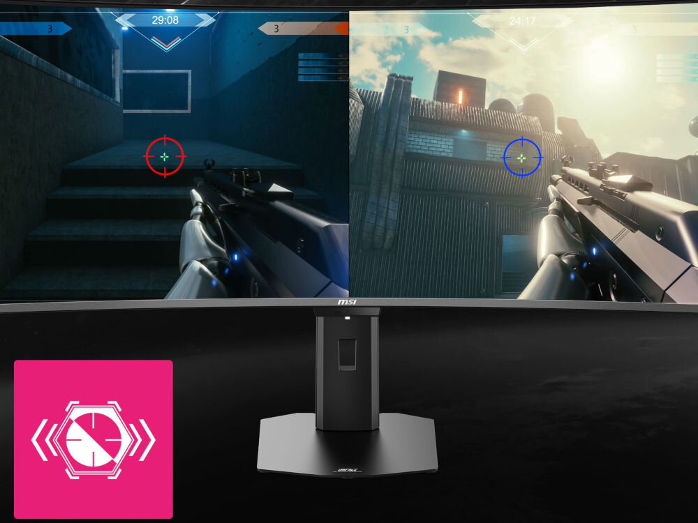 Monitor MSI MPG 341CQR 34 cale QD-OLED 3440x1440px 360Hz 0.03 ms [GTG] Curved pokazanie inteligentnego celownika na monitorze ikona automatyczna zmiana koloru ułatwienie celowania