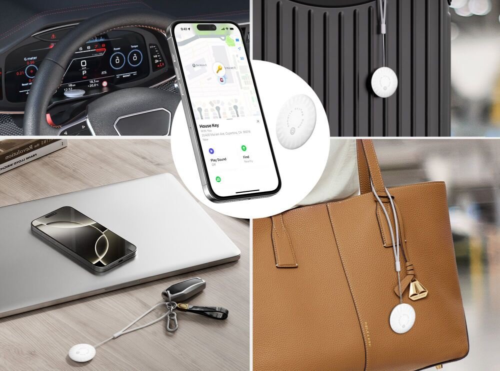 Lokalizator 4SMARTS SkyTag Duos Biały 4 szt. lokalizator obok telefonu w tle pokazane różne miejsca przechowywania kompatybilny z Apple i Android szybkie śledzenie