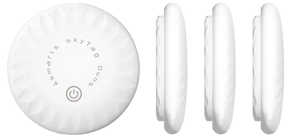 Lokalizator 4SMARTS SkyTag Duos Biały 4 szt. pokazany od przodu i boku na białym tle smukłe i lekkie waga grubość dyskrecja
