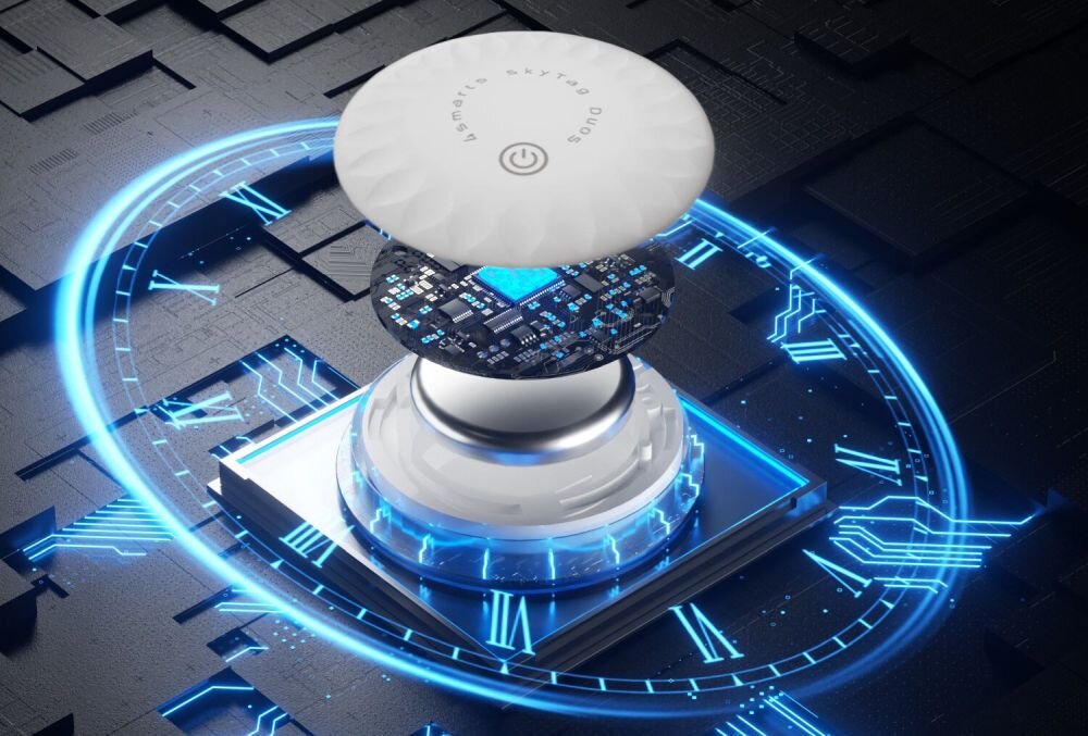 Lokalizator 4SMARTS SkyTag Duos Biały 4 szt. pokazanie wnętrza lokalizatora wymienne ogniwa CR2032, 16 miesięcy pracy