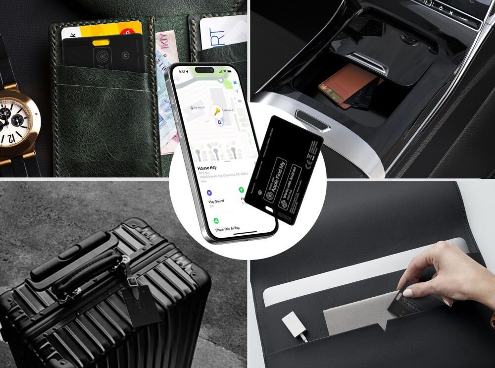 Lokalizator 4SMARTS SkyTag Card Duos ReCharge Czarny karta obok telefonu w tle pokazane różne miejsca przechowywania kompatybilny z Apple i Android szybkie zlokalizowanie