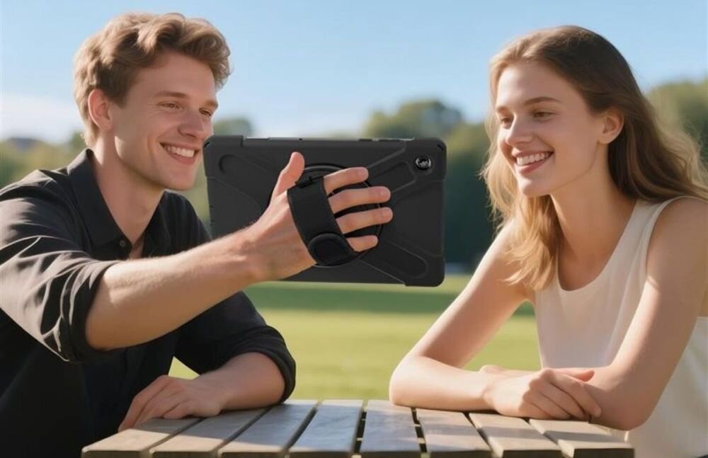 Etui na Galaxy Tab A11 4SMARTS Rugged Case Grip Czarny mężczyzna trzymający tablet z etui za uchwyt obok siedząca kobieta przy stoliku na dworze