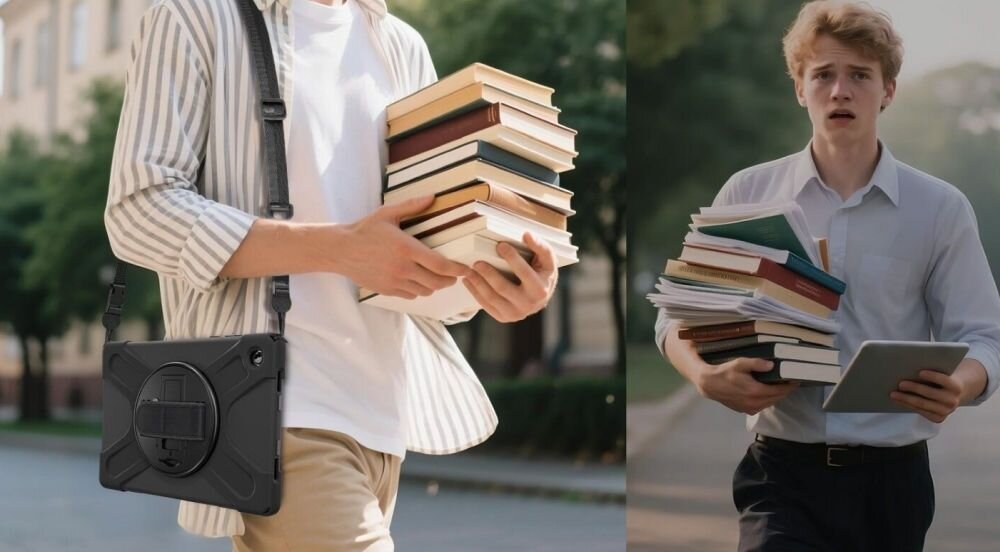 Etui na Galaxy Tab A11 4SMARTS Rugged Case Grip Czarny pasek na rękę i zamknięcia Samsung Galaxy Tab A11 mężczyzna idący z tabletem i książkami porównanie sytuacji z paskiem i bez regulowany pasek zamykane porty przyłączeniowe bezpieczeństwo