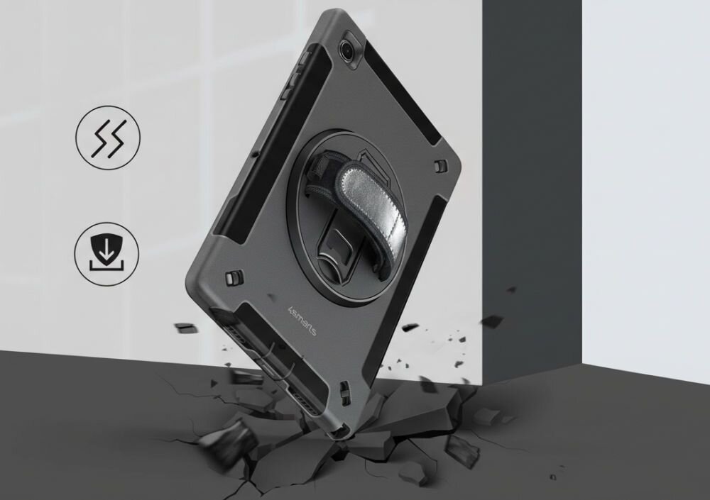 Etui na Galaxy Tab A9+ 4SMARTS Rugged Case Grip Czarny tablet w etui uderzający o twardą powierzchnię ikony obok stojak 360° i ochrona