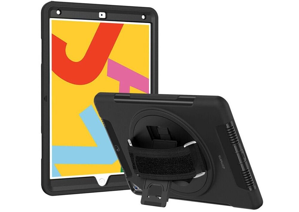 Etui na iPad 4SMARTS Rugged Case Grip Czarny Apple iPad 7/8/9 generacja etui założone na tablecie pokazane od przodu i tyłu białe tło
