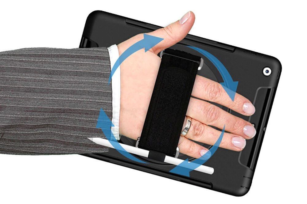 Etui na iPad 4SMARTS Rugged Case Grip Czarny tablet na białym tle z ręką na pasku regulowany pasek i zamknięcia Apple iPad