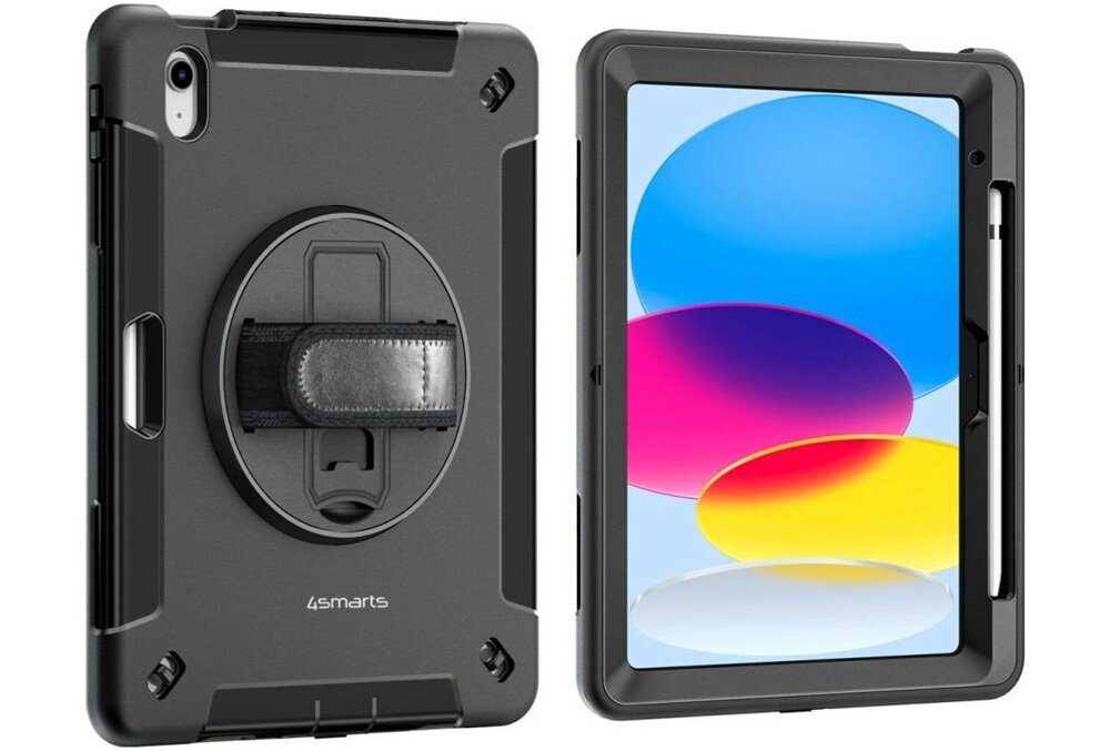 Etui na iPad 4SMARTS Rugged Case Grip Czarny tablet z założonym etui z dwóch stron na białym tle kompatybilność miejsce na rysik stabilne przenoszenie