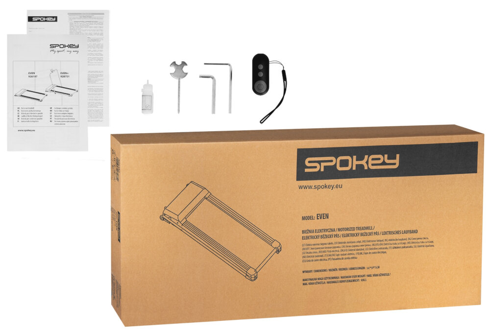 Bieżnia elektryczna Spokey Even BL zestaw akcesoria montazowe pilot dokumentacja