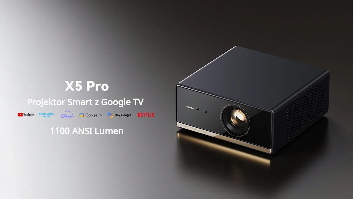 Projektor WANBO X5 Pro New domowa rozrywka kino domowe, projektor po skosie na ciemnym tle