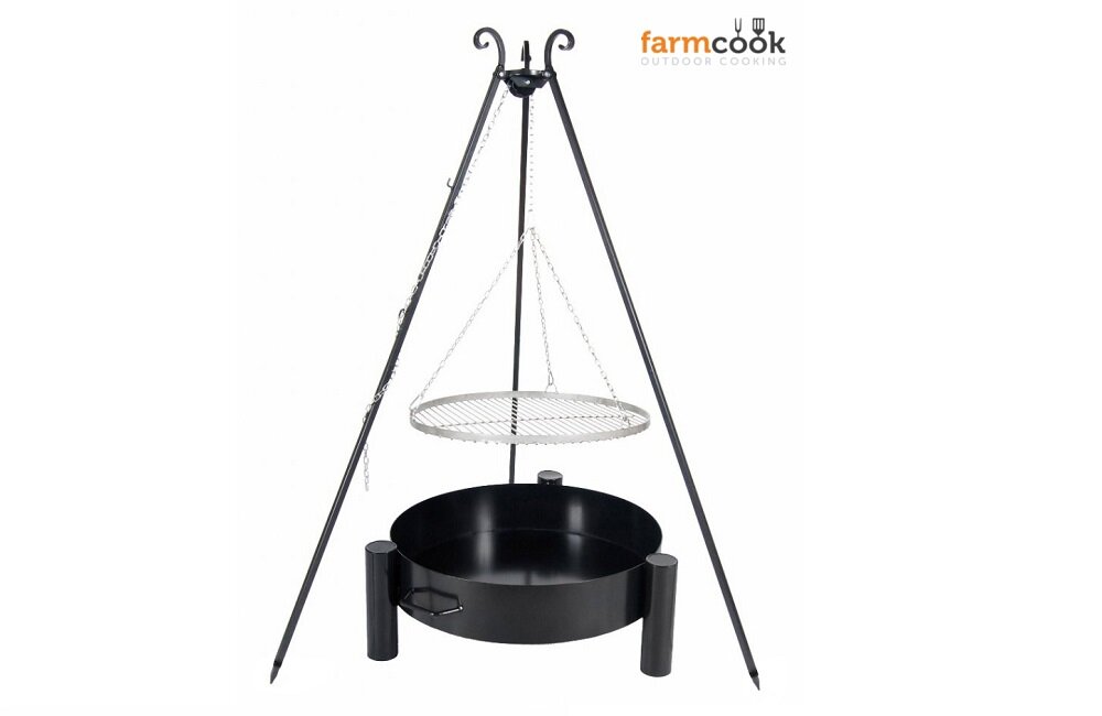 Grill ogniskowy FARMCOOK Pan 33 ruszt ze stali nierdzewnej statyw łańcuch na nogi stabilny