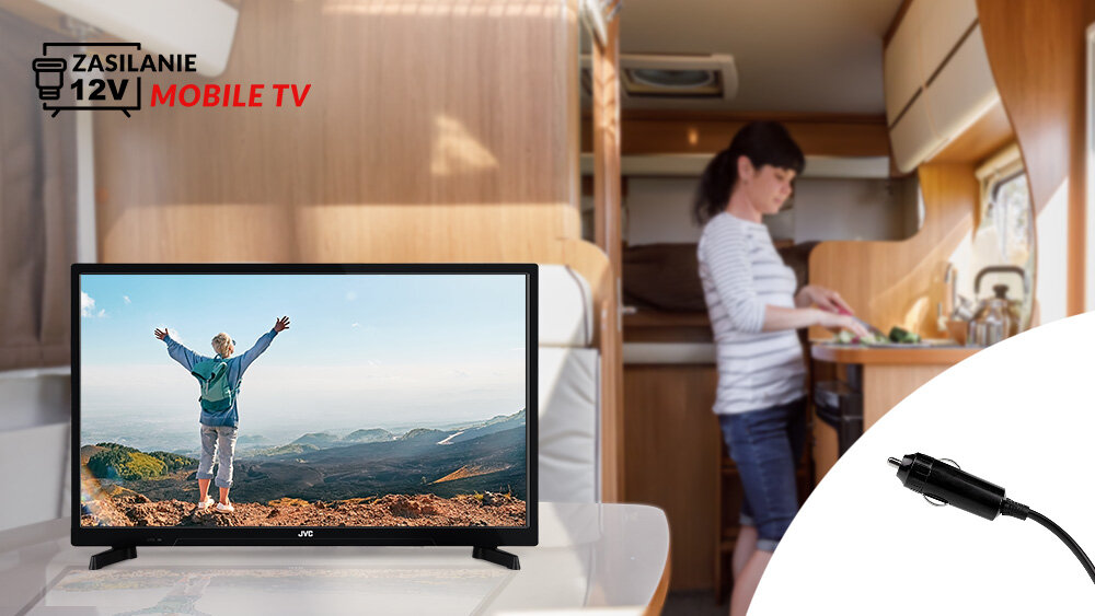 Telewizor JVC LT-24VAHM330 - Telewizja mobilna, telewizor na tle środka kempingu