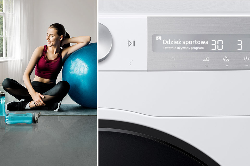 Kobieta na treningu sportowym i suszarka wskazująca program Odzież sportowa