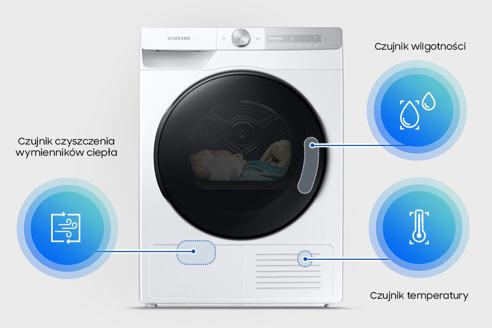 Oznaczone miejsca, w których znajdują się 3 czujniki suszarki