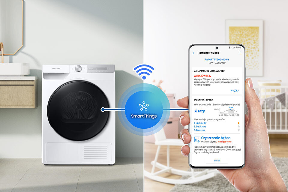 Aplikacja SmartThings łącząca się z suszarką Samsung