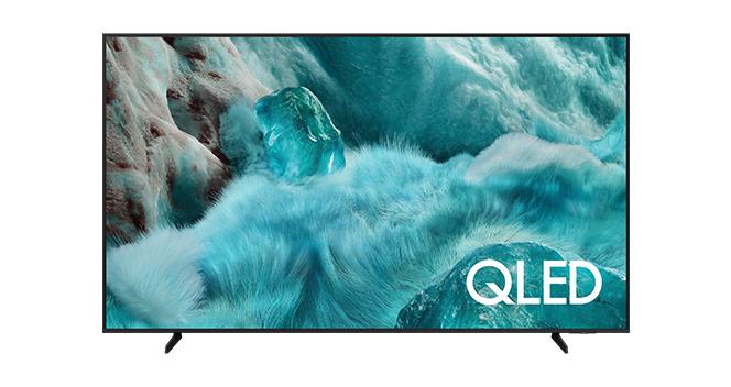 Telewizor Samsung QLED Q7F4AU z niebieską grafiką ukazującą elementy natury na ekranie.