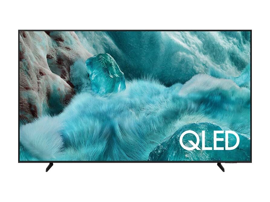 Telewizor Samsung QLED Q7F4AU z niebieską grafiką ukazującą elementy natury na ekranie.