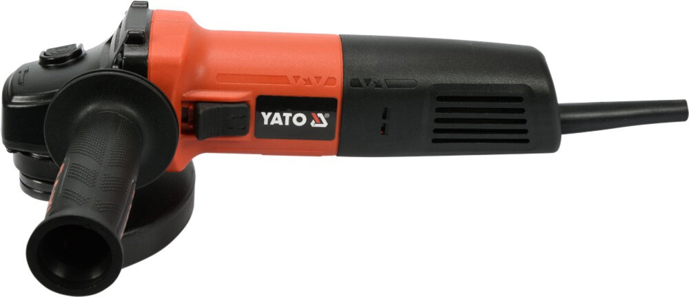 Szlifierka kątowa YATO YT-82100 szlifierka na białym tle widoczna z boku silnik szczotkowy o mocy 1100 W szybkie i skuteczne działanie do cięcia grubych profili stalowych do szlifowania twardych powierzchni prędkość obrotowa do 11000 obr./min