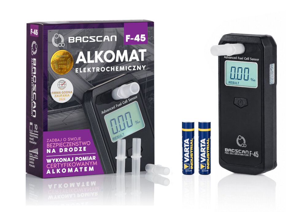 Alkomat BACSCAN F-45 Elektrochemiczny widoczny obok oryginalnego kartonika 3 ustniki 2 baterie AAA