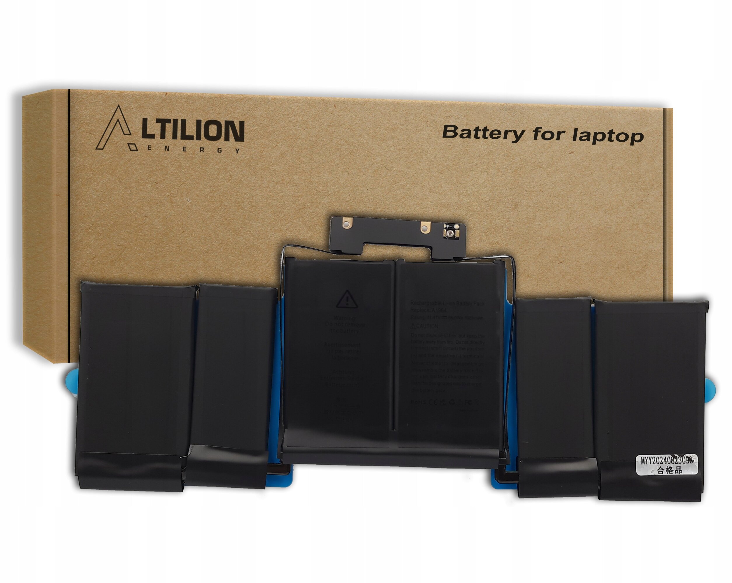 Na obrazie widoczna jest bateria do laptopa z czarnymi segmentami, umieszczona przed kartonowym opakowaniem z napisem \'Altilion Energy\' oraz \'Battery for laptop\'.