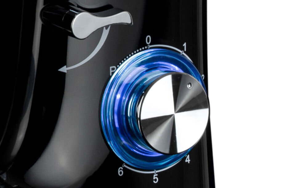 Robot kuchenny planetarny KOLIBER Robomax X-3200-W 3200W Czarny stylowy design niebieskie podświetlenie LED przyjemna praca trwała obudowa z tworzywa długotrwałe użytkowanie dostępny z pełnym wyposażeniem stalowa misa z osłoną trzy matalowe końcówki niezawodność trwałość 