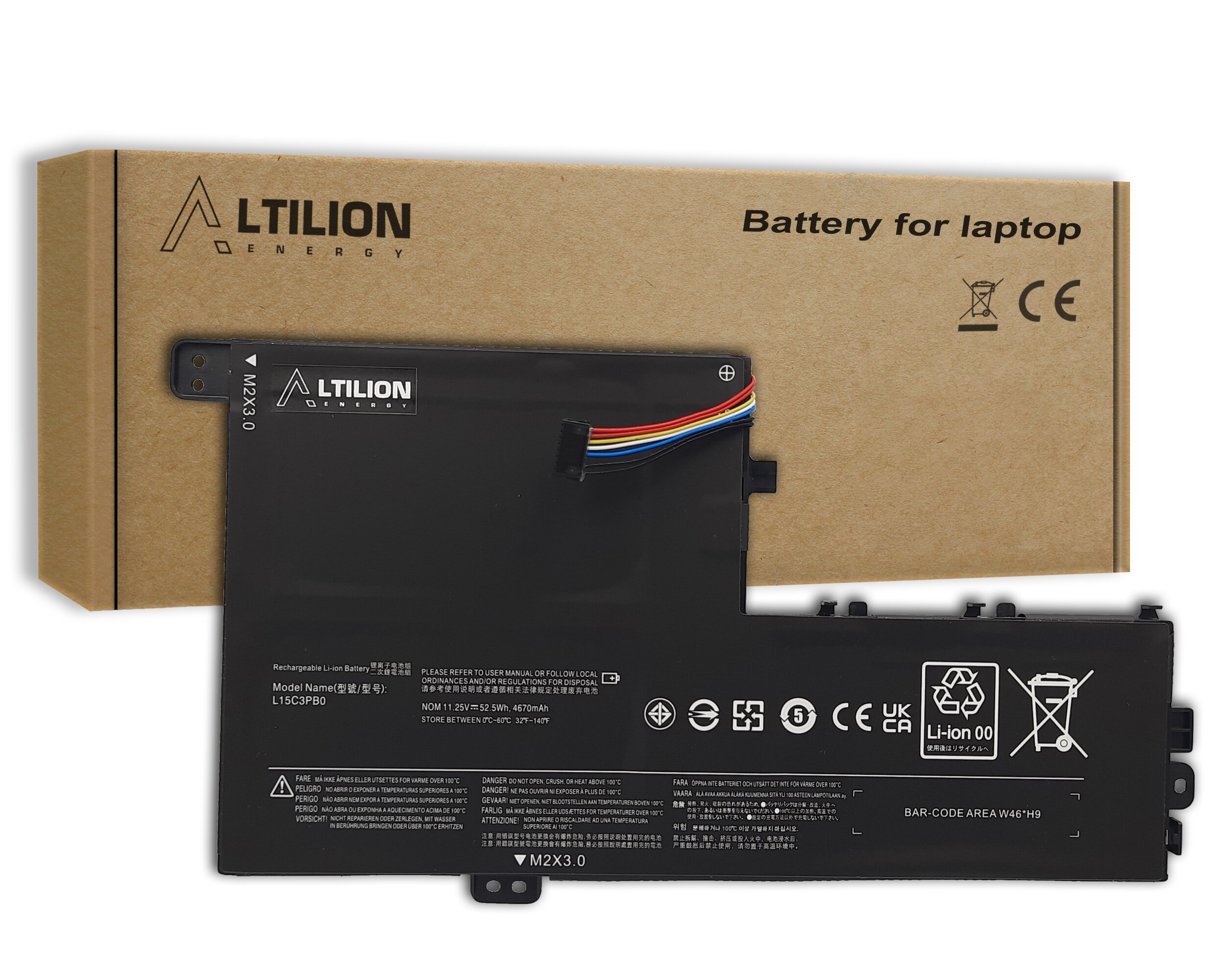 Na obrazie widoczna jest bateria do laptopa z logo Altilion Energy oraz oznaczeniami technicznymi. W tle znajduje się kartonowe opakowanie z napisem \'Battery for laptop\'.