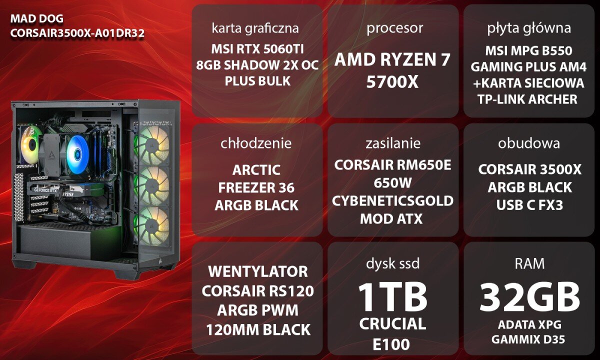 Komputer MAD DOG CORSAIR3500X-A01DR32 Uśmiechnięta kobieta w słuchawkach korzystająca z komputera, siedząca przy biurku z widoczną w tle obudową z włączonym podświetleniem